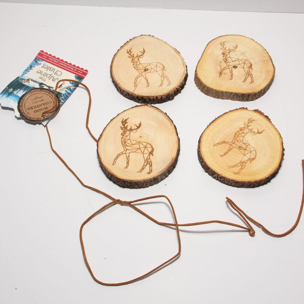 The Alpine Chalet World Traveler Collection Wood Slice Deer Coasters (4)
